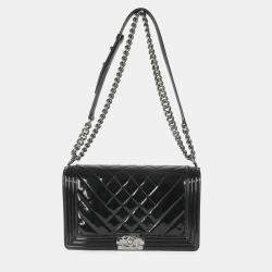 Pre Owned Chanel Black Patent Chevron Old Medium Boy Bag
