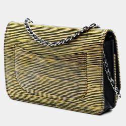 Chanel Black Yellow Patent Striped Wallet On Chain