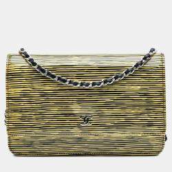 Chanel Black Yellow Patent Striped Wallet On Chain