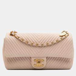 Chanel Beige Medium Chevron Wrinkled Calfskin Medallion Charm Flap
