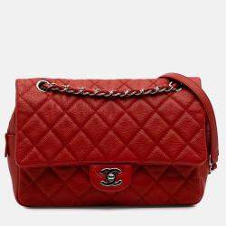 Pre Owned Chanel Orange Medium Quilted Caviar Easy Flap