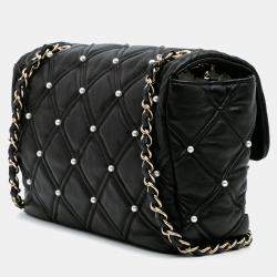 Pre Owned Chanel Black Medium Quilted Lambskin Pearl Studs Flap