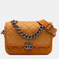 Pre Owned Chanel Orange Small Quilted Iridescent Calfskin and Caviar Daily Carry Flap