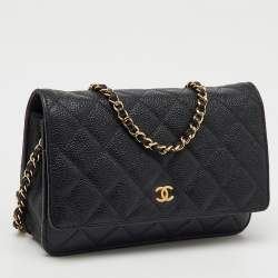 Chanel Black Quilted Caviar Leather CC Classic Wallet On Chain