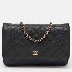 Chanel Black Quilted Caviar Leather CC Classic Wallet On Chain