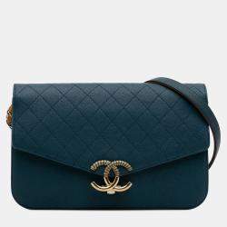 Chanel Blue Paris Cuba Quilted Caviar Thread Around Flap
