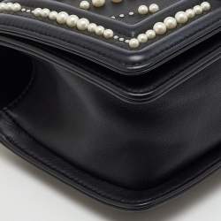 Pre Owned Chanel Black Leather Pearl Chevron Small Boy Flap Bag