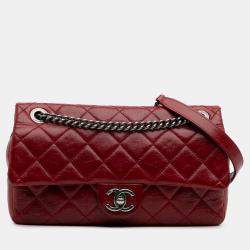 Pre Owned Chanel Red Medium Glazed Calfskin Duo Color Flap