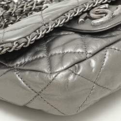 Pre Owned Chanel Silver Quilted Crinkled Leather Mini Chain Me Bag