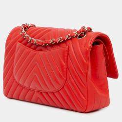 Chanel Red Medium Classic Chevron Lambskin Double Flap