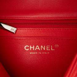 Pre Owned Chanel Red Mini Square Classic Lambskin Single Flap