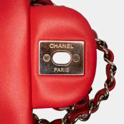 Pre Owned Chanel Red Mini Square Classic Lambskin Single Flap