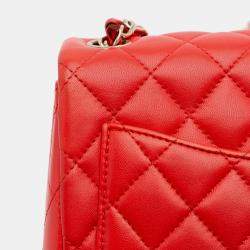 Pre Owned Chanel Red Mini Square Classic Lambskin Single Flap