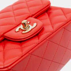 Pre Owned Chanel Red Mini Square Classic Lambskin Single Flap