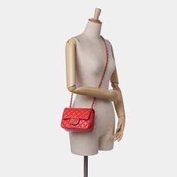 Pre Owned Chanel Red Mini Square Classic Lambskin Single Flap