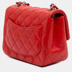 Pre Owned Chanel Red Mini Square Classic Lambskin Single Flap