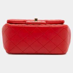 Pre Owned Chanel Red Mini Square Classic Lambskin Single Flap