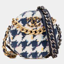 Chanel Blue White Tweed 19 Round Clutch with Chain