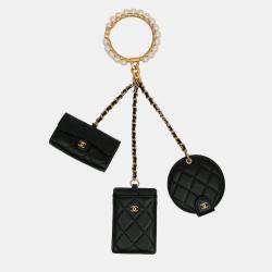 Chanel Black Lambskin Pearl Crown CC Wristlet Multi Pouches