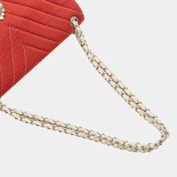Pre Owned Chanel Red Jumbo Chevron Jersey Leo Lion Flap