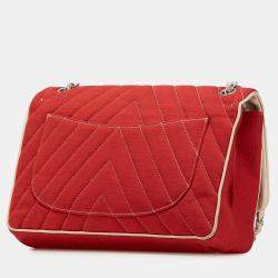 Pre Owned Chanel Red Jumbo Chevron Jersey Leo Lion Flap