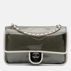 Pre Owned Chanel Black White Large PVC and Lambskin Naked Flap