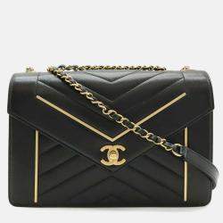 Chanel Chevron Black Lambskin Leather Chain Shoulder Bag