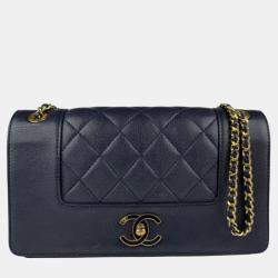 Chanel Shoulder Bag Mademoiselle Leather Navy Gold