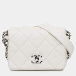 Pre Owned Chanel Mini Quilted Chain Rows Flap White Lambskin Bag