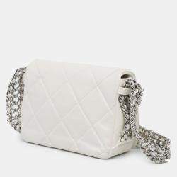 Pre Owned Chanel Mini Quilted Chain Rows Flap White Lambskin Bag