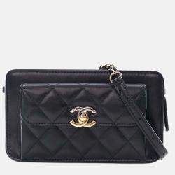 Chanel Black Quilted Lambskin Front Pocket Clutch With Chain