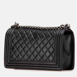 Pre Owned Chanel Black Old Medium Quilted Lambskin Boy Flap