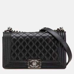 Pre Owned Chanel Black Old Medium Quilted Lambskin Boy Flap