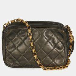 Pre Owned Chanel Vintage Metallic Green Quilted Lambskin Tassel Camera Bag
