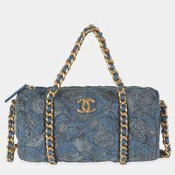 Chanel 21A Blue Floral Quilted Denim Destination Chenonceau Bowling Bag