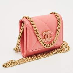 Chanel Pink Quilted Leather Pending CC Card Holder on Chain