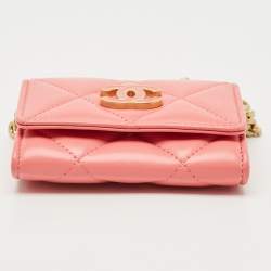 Chanel Pink Quilted Leather Pending CC Card Holder on Chain