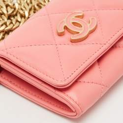Chanel Pink Quilted Leather Pending CC Card Holder on Chain