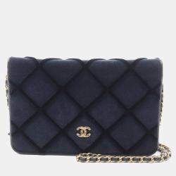 Chanel Blue Fabric Leather Wallet on Chain