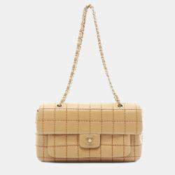 Chanel Single Flap Medium Beige Lambskin Square Stitched Shoulder Bag