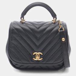 Chanel Single Flap Mini Black Reverse Chevron Lambskin Top Handle Bag