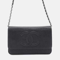 Chanel Chain Wallet Coco Mark Caviar Skin Shoulder Bag Black