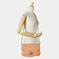 Pre Owned Chanel Half Coco Orange Beige Caviar Shoulder Bag