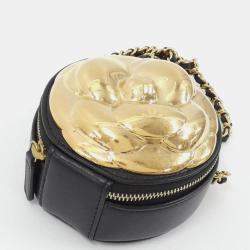 Chanel Camellia Round Black Leather and Gold Metal Clutch Bag