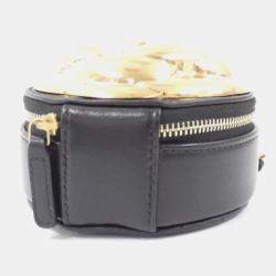 Chanel Camellia Round Black Leather and Gold Metal Clutch Bag