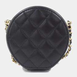 Chanel Camellia Round Black Leather and Gold Metal Clutch Bag