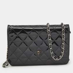 Chanel Black Quilted Patent Leather CC Wallet On Chain