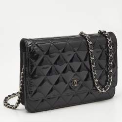 Chanel Black Quilted Patent Leather CC Wallet On Chain