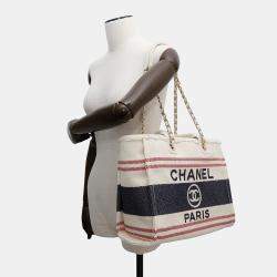 Chanel Shopping Deauville Ecru Red Blue Cotton Leather Tote Bag