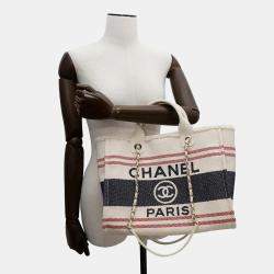 Chanel Shopping Deauville Ecru Red Blue Cotton Leather Tote Bag